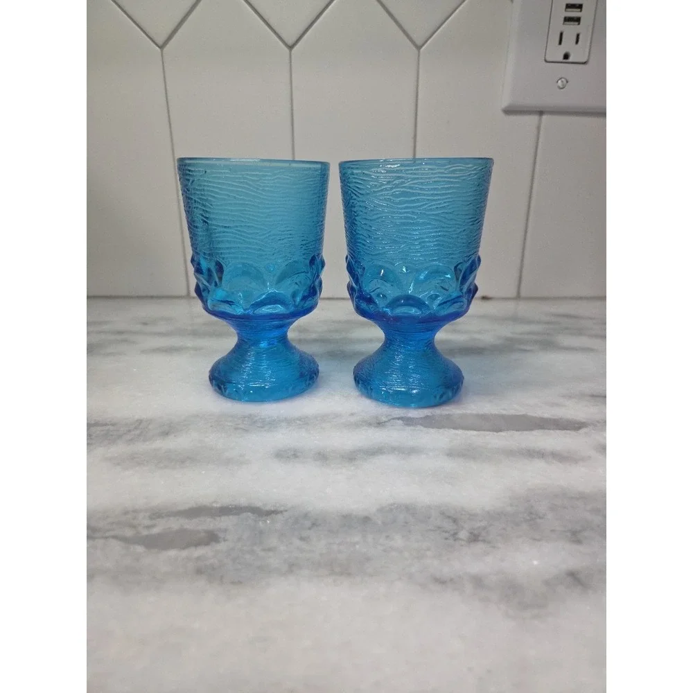 Brockway Glass Co Wine Goblets, Set of 2, Monterey Blue Footed Goblets, Textured